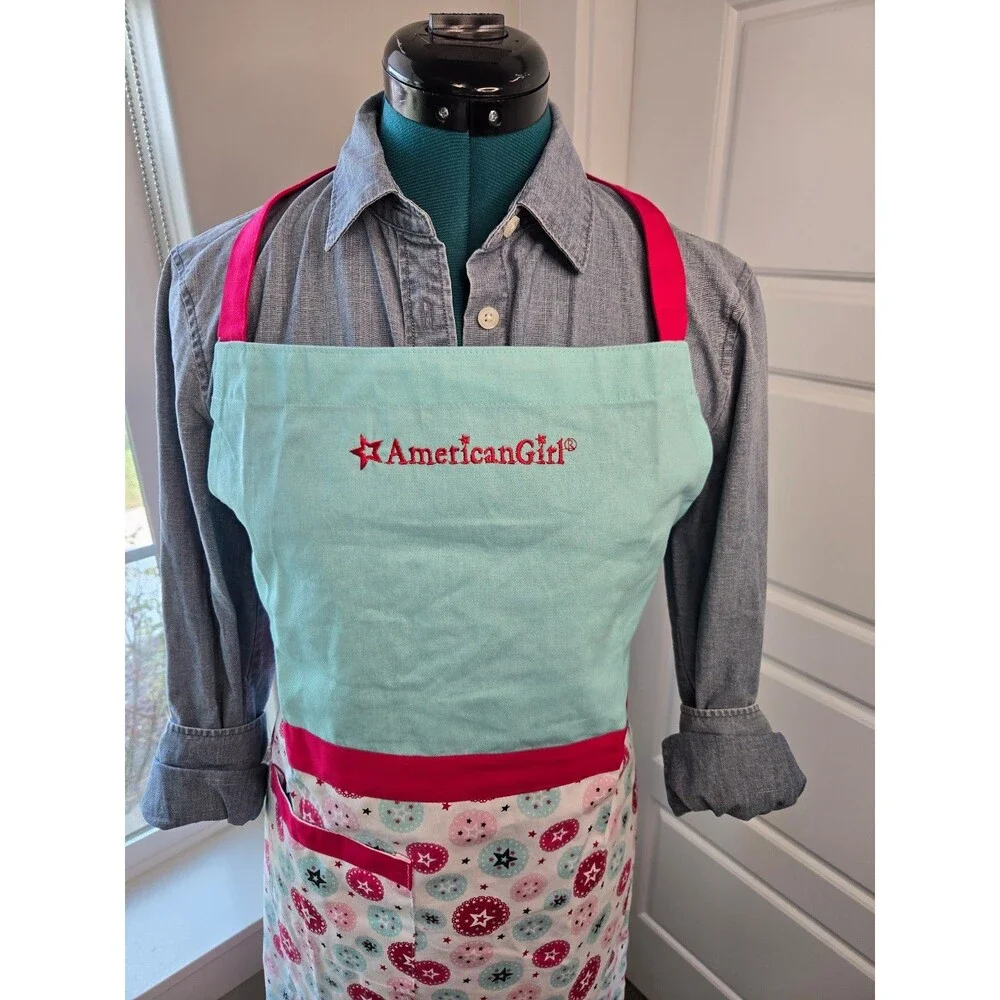 WILLIAMS SONOMA AMERICAN GIRL APRON OVEN MITT SET WOMEN OS TEAL RED KITCHEN 2015